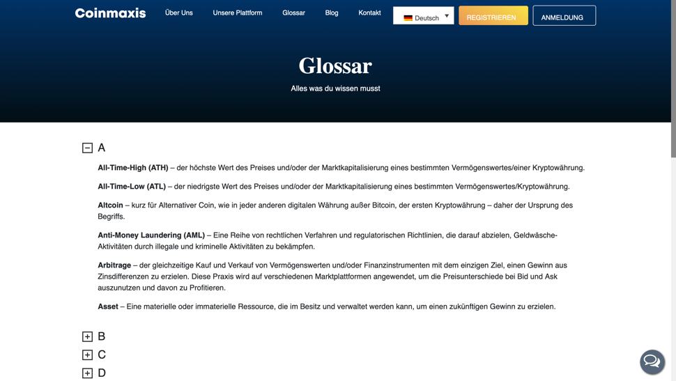 Der Glossar-Bereich von Coinmaxis. 